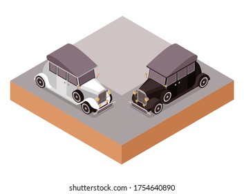 Isometric Vector Illustration of Old Classic Vintage Saloon Car of Colonialism Era with Black White Colors