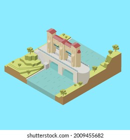 ilustración vectorial isométrica de la presa de agua vieja