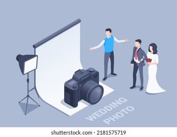 isometric vector illustration on a black background, a photographer next to a banner and a camera invites a wedding couple to a photo shoot, studio professional photo