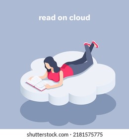 isometric vector illustration on a black background, a woman lies on a cloud and reads a book, read on cloud or online library