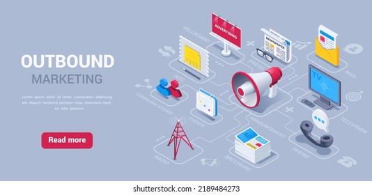 ilustración vectorial isométrica en el fondo negro, página de inicio de marketing de salida, icono de altavoz junto a tv y cartelera, así como receptor de teléfono y periódico