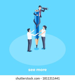 isometric vector illustration on a blue background, a man in a business suit climbed on a pencil and looked through a spyglass, see more