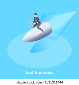 isometric vector illustration on a blue background, a man in a business suit with a laptop flies on a large pool, fast business
