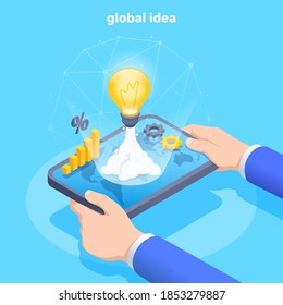 isometric vector illustration on a blue background, a man in a business suit holding a tablet in his hands, a light bulb flying up like a rocket, a global idea