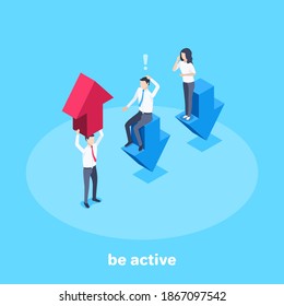 isometric vector illustration on a blue background, a man holds a red up arrow above his head and other people sit on the blue down arrows, everyday life is active in business