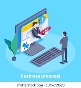 isometric vector illustration on blue background, man in business suit on computer screen and red button, business proposal