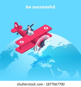 isometric vector illustration on a blue background, a man in a business suit is flying on a red plane over the globe, be successful