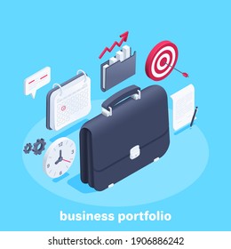 isometric vector illustration on blue background, business briefcase with calendar and clock, business success and goal achievement