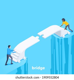 isometric vector illustration on blue background, man and woman connecting a bridge over an abyss, building relationships or cooperation in business