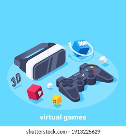 Isometric Vector Illustration On A Blue Background, Virtual Glasses And A Game Joystick To The Console, Virtual Games