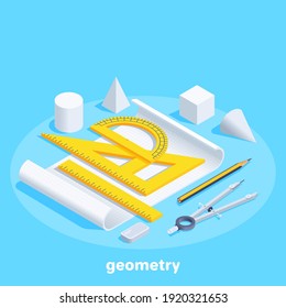 ilustración vectorial isométrica sobre fondo azul, hoja de papel con reglas y lápiz con brújulas, geometría en la escuela 