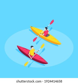 isometric vector illustration on blue background, men in sports uniforms sailing on a kayak, sports and hobbies