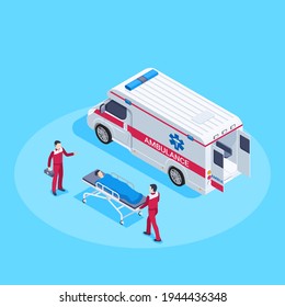 isometric vector illustration on blue background, ambulance workers with patient on gurney next to ambulance car