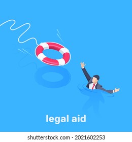 isometric vector illustration on blue background, drowning man in business suit and lifebuoy flying towards him, legal or financial aid