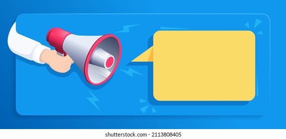 Isometric Vector Illustration On Blue Background, Loudspeaker In Male Hand And Text Bubble