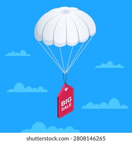 Ilustración vectorial isométrica sobre un fondo azul, una etiqueta roja del Precio con una inscripción Gran venta que vuela en un paracaídas entre las nubes, promoción del descuento
