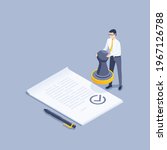 isometric vector illustration on gray background, document approval, man in business clothes with a stamp in his hands near a paper document and a pen