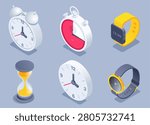 isometric vector illustration on a gray background, a set consisting of an alarm clock with a clock and a stopwatch with an hourglass, a device for counting time