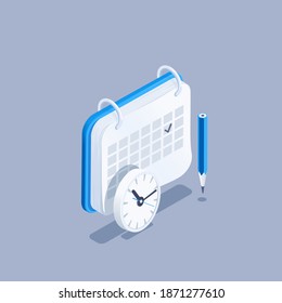 isometric vector illustration on gray background, calendar with pencil and clock, business note