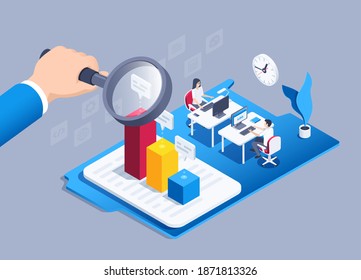 isometric vector illustration on a gray background, a man in a business suit look at the chart in a folder through a magnifying glass, people work at computers, labor efficiency