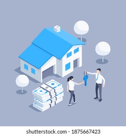 isometric vector illustration on gray background, buying a property, man in business suit hands over house key to woman