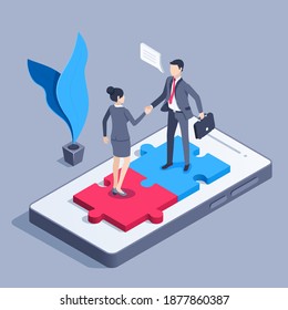 isometric vector illustration on gray background, man and woman in business clothes shake hands while standing on puzzles in smartphone screen, business agreement or merger