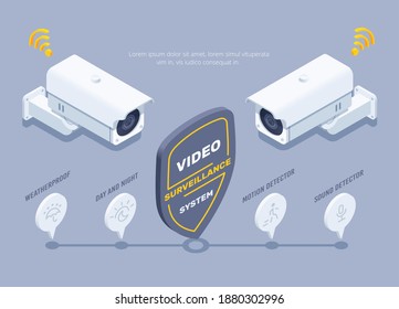 isometric vector illustration on gray background, outdoor surveillance cameras and shield with inscription video surveillance system