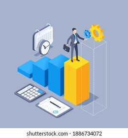 isometric vector illustration on gray background, man in business suit with briefcase stands on the chart, visualization of progress