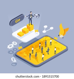 isometric vector illustration on gray background, man in business attire with loudspeaker on the chart and people on the tablet screen, platform for attracting and increasing the number of customers