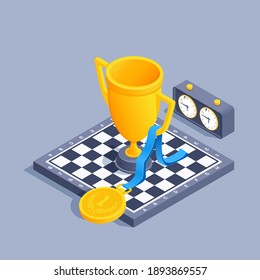 isometric vector illustration on gray background, cup and medal on chessboard, victory in chess tournament