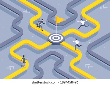 isometric vector illustration on gray background, people in business clothes are running towards the goal along the yellow paths, business rivalry