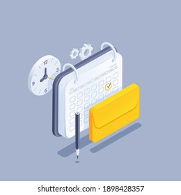 isometric vector illustration on gray background, envelope next to calendar and clock, regular mailing