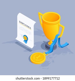isometric vector illustration on gray background, cup and gold medal next to diploma, awards and championships