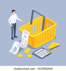 isometric vector illustration on gray background, food basket with receipt and calculator, man and coins, food budget