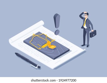 isometric vector illustration on a gray background, a mousetrap on a document, a man in a business suit with a briefcase next to an exclamation mark, a questionable document