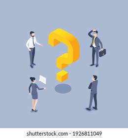 isometric vector illustration on gray background, people in dell's clothes are standing around a big yellow question mark, solving important business problems