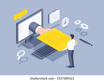 isometric vector illustration on a gray background, a man passes a resume through a computer, a hand with a document, a resume submission