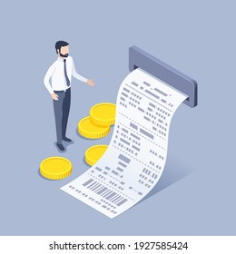 isometric vector illustration on a gray background, a man in business clothes stands near an electronic receipt and gold coins
