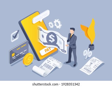 isometric vector illustration on a gray background, a man in a business suit inserts a banknote into the smartphone screen, pay online to a bank card