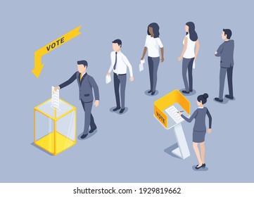 isometric vector illustration on gray background, people in business clothes stand in line to vote, popular vote