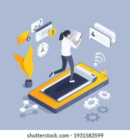 isometric vector illustration on gray background, girl running on treadmill and working in smartphone, intensive work pace