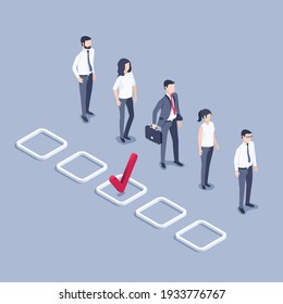 isometric vector illustration on gray background, men and women in business clothes and check mark icon opposite one of them, approved for the position