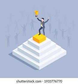 isometric vector illustration on a gray background, a man in a business suit with a cup stands on the top of the pyramid, achieving success