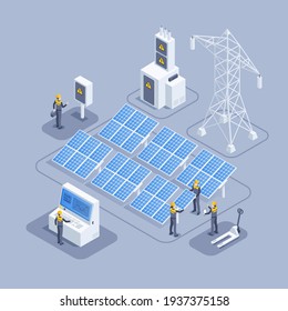 isometric vector illustration on gray background, workers install and configure solar panel system, green energy and conservation technologies