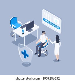 isometric vector illustration on a gray background, a man in a mask sits in a chair in a doctor's office, a woman doctor gives an injection of a vaccine to a patient, protection from a virus