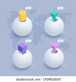 isometric vector illustration on gray background, shapes in sphere, infographic elements and world map