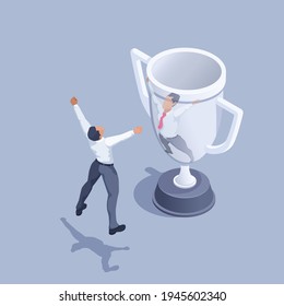 isometric vector illustration on gray background, man in business attire with a pin next to the cup, major victory or important success