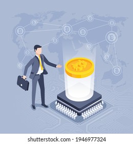 Isometric Vector Illustration On Gray Background, A Man In A Business Suit Stands Near A Processor With A Gold Bitcoin Coin, A World Map With A Grid Of Cryptocurrency Icons