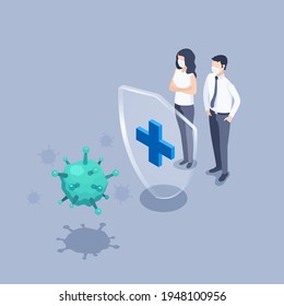 isometric vector illustration on a gray background, a woman and a man stand behind a shield with a cross and a virus trying to break through it, protection against coronavirus