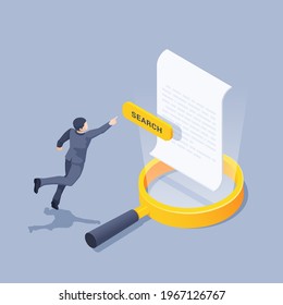 isometric vector illustration on gray background, search for document, man in business suit reaches for yellow button with inscription search and magnifier with text document